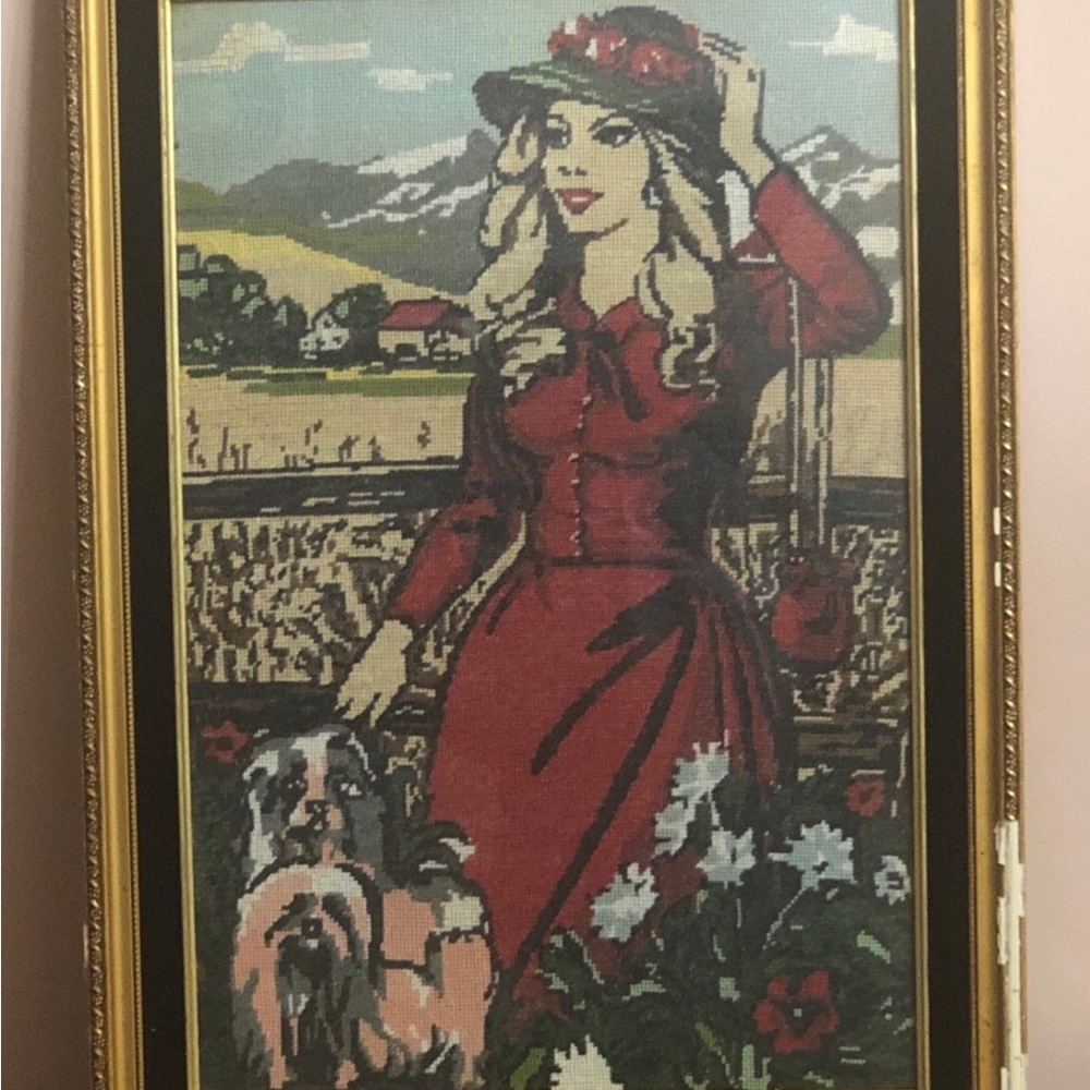 Hand-Stitched Framed Artwork – Woman in Red, Floral & Dog Scene
